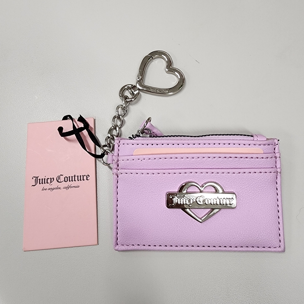 Juicy Couture Pink Faux Leather Glam Card Case Wallet Silver Heart Keychain Clip